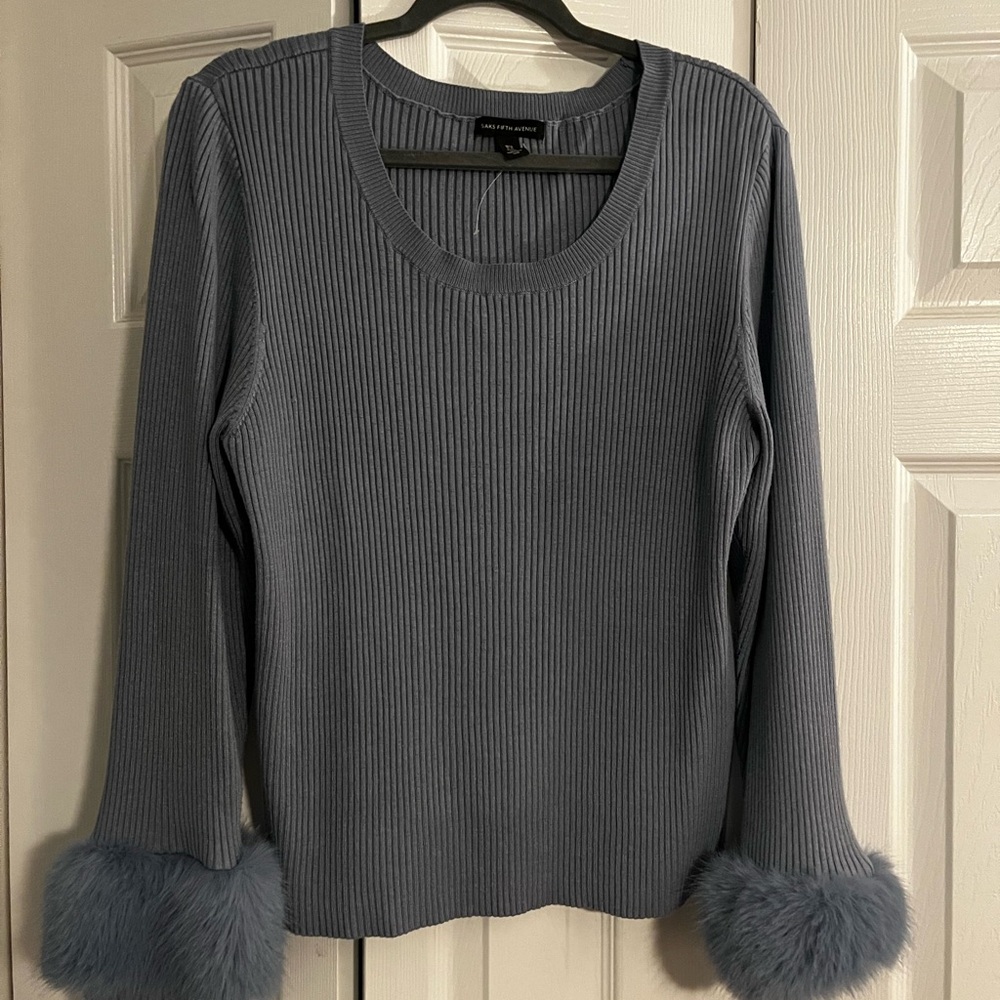 Saks Fifth Avenue Blue Ribbed Top with Faux Fur Cuffs